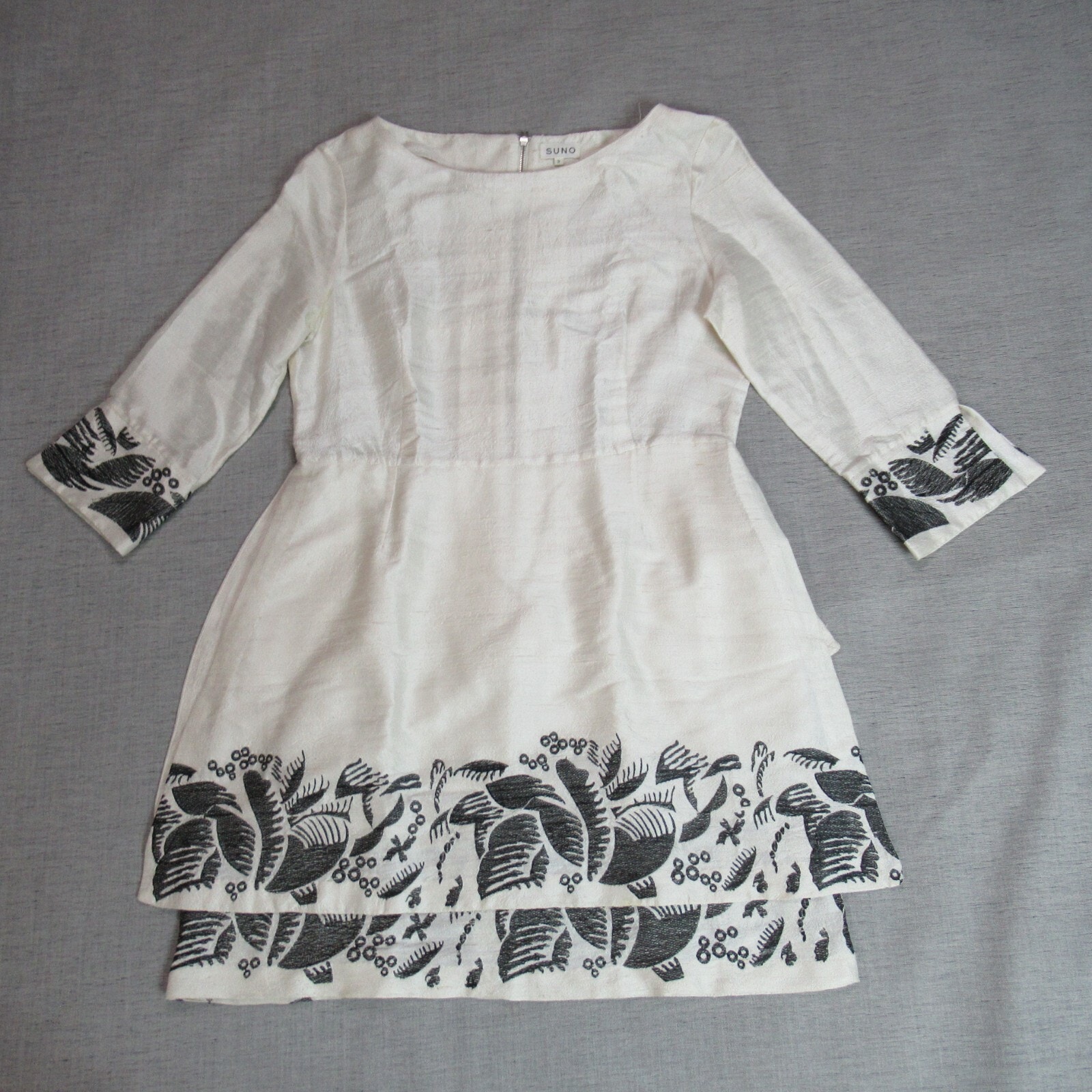 Suno Dress Womens Size 2 Cream Black Floral Embroidered Quiet Luxury Rich Girl